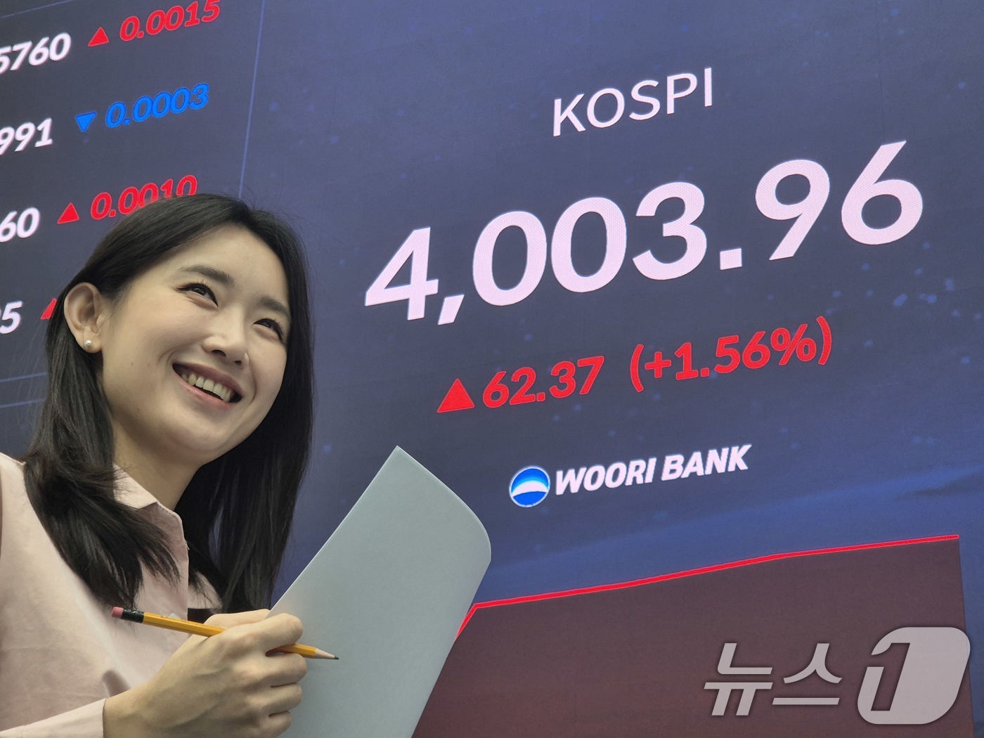 (서울=뉴스1) 박지혜 기자 = 코스피지수가 사상 처음 4000선을 돌파한 27일 오전 서울 중구 우리은행 본점 딜링룸에서 직원이 환하게 웃고 있다.코스피 지수는 지난 6월 20일 …