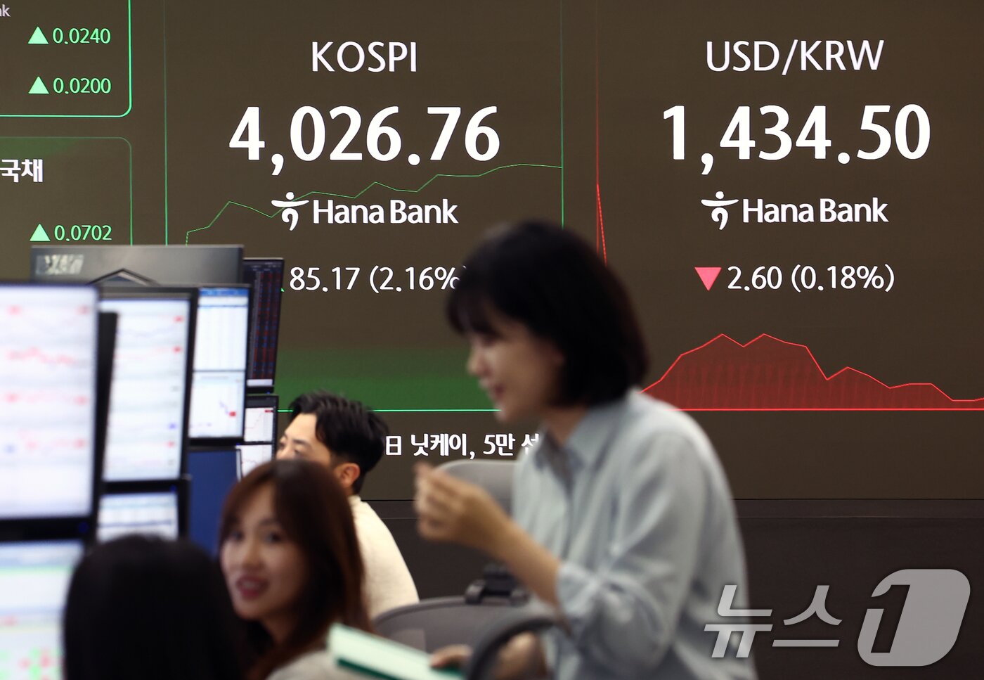 본문 이미지 - 코스피 지수가 장중 4000포인트를 돌파한 27일 오전 서울 중구 하나은행 본점 딜링룸에서 딜러들이 업무를 보고 있다. 2025.10.27/뉴스1 ⓒ News1 김민지 기자
