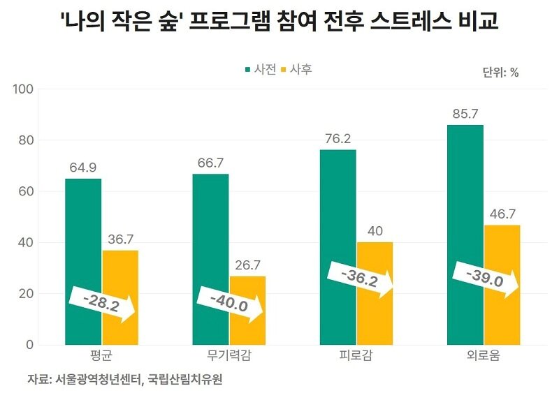 본문 이미지 - '나의 작은 숲' 참여 전후 스트레스 비교 수치 / 서울광역청년센터 제공