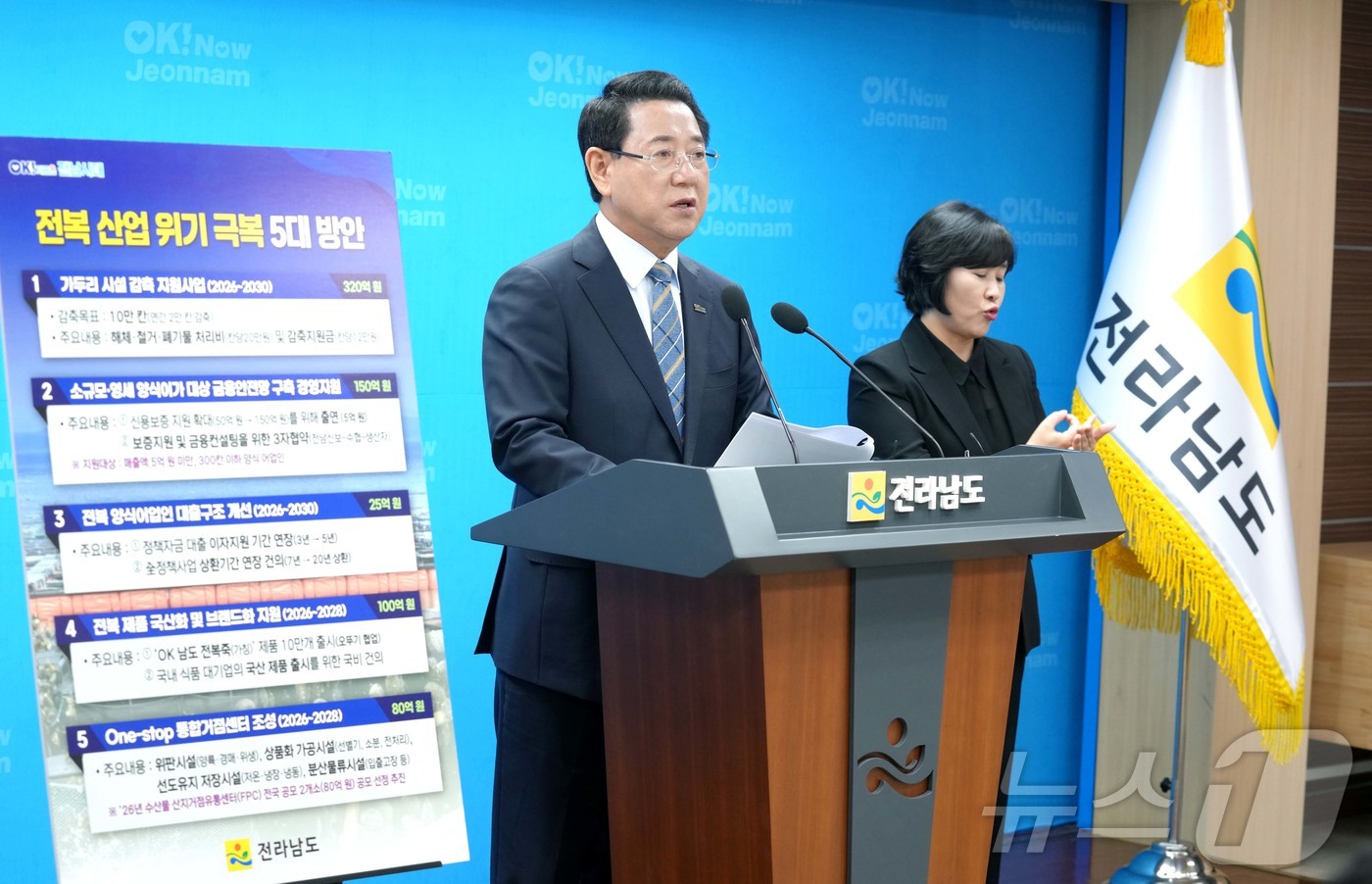 (무안=뉴스1) 전원 기자 = 김영록 전라남도지사가 27일 도청 브리핑룸에서 금융지원, 유통혁신 등 전복 산업 위기 극복 5대 시책을 발표하고 있다.(전남도 제공. 재판매 및 DB …