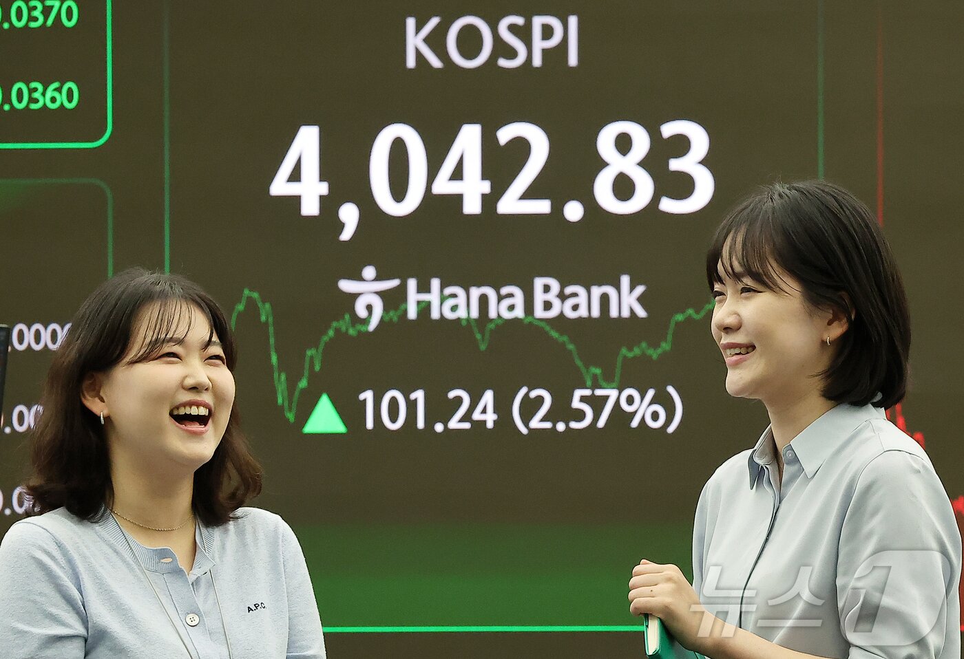 본문 이미지 - 코스피 지수가 사상 첫 4000을 넘으며 종가 기준 최고치를 경신한 24일 오후 오후 서울 중구 하나은행 본점 딜링룸 전광판에 종가가 표시되고 있다.  2025.10.27/뉴스1 ⓒ News1 김진환 기자