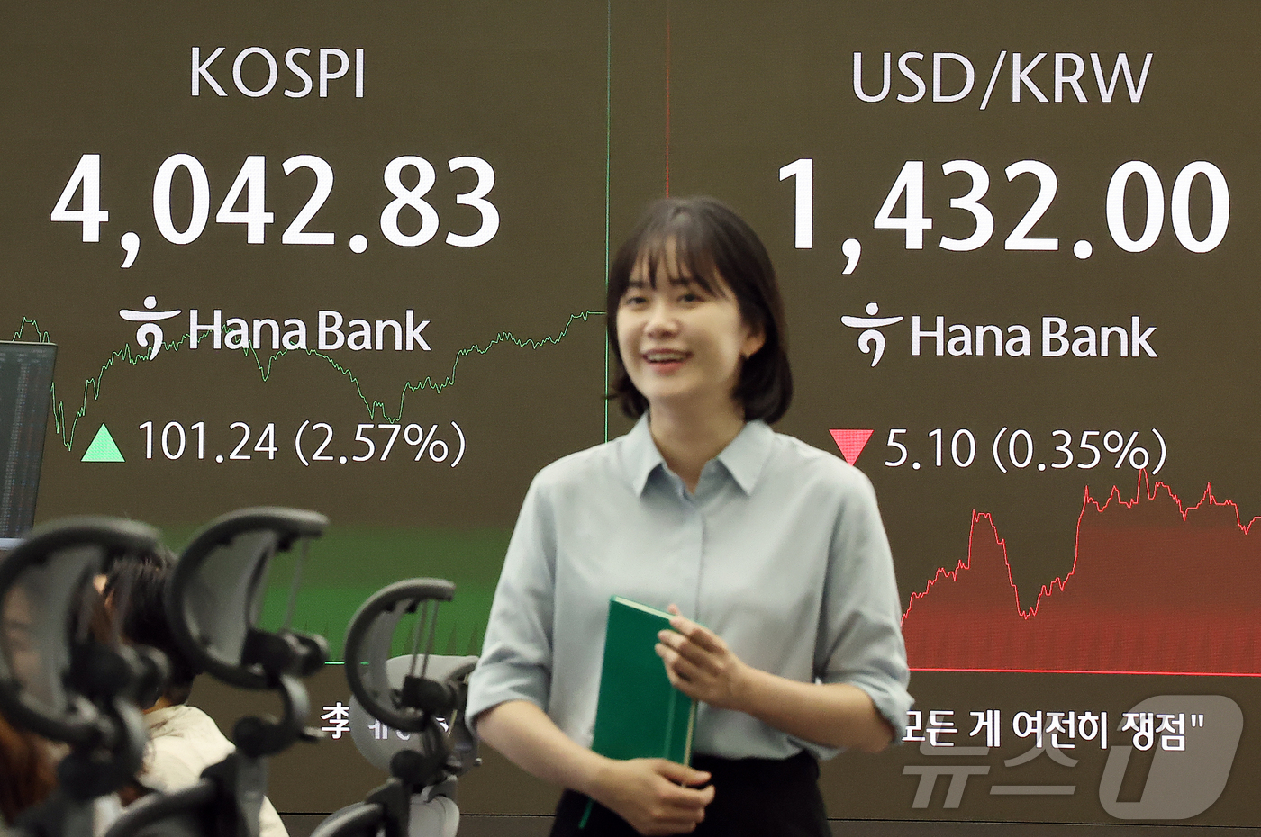 (서울=뉴스1) 김진환 기자 = 코스피 지수가 사상 첫 4000을 넘으며 종가 기준 최고치를 경신한 24일 오후 오후 서울 중구 하나은행 본점 딜링룸 전광판에 종가가 표시되고 있다 …