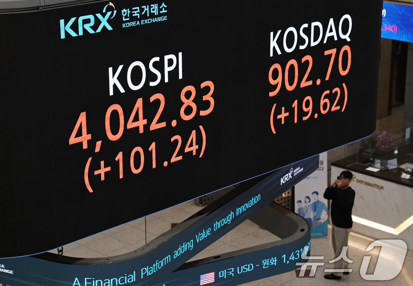 본문 이미지 - 코스피가 사상 최초로 4000선을 돌파한 27일 오후 서울 여의도 한국거래소에 코스피 지수 종가가 표시되고 있다.  2025.10.27/뉴스1 ⓒ News1 구윤성 기자