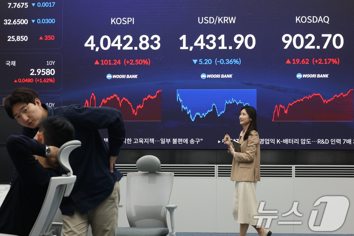 본문 이미지 - 코스피 지수가 사상 첫 4000을 넘으며 종가 기준 최고치를 경신한 27일 오후 서울 중구 우리은행 본점 딜링룸 전광판에 종가가 표시되고 있다.  2025.10.27/뉴스1 ⓒ News1 이광호 기자