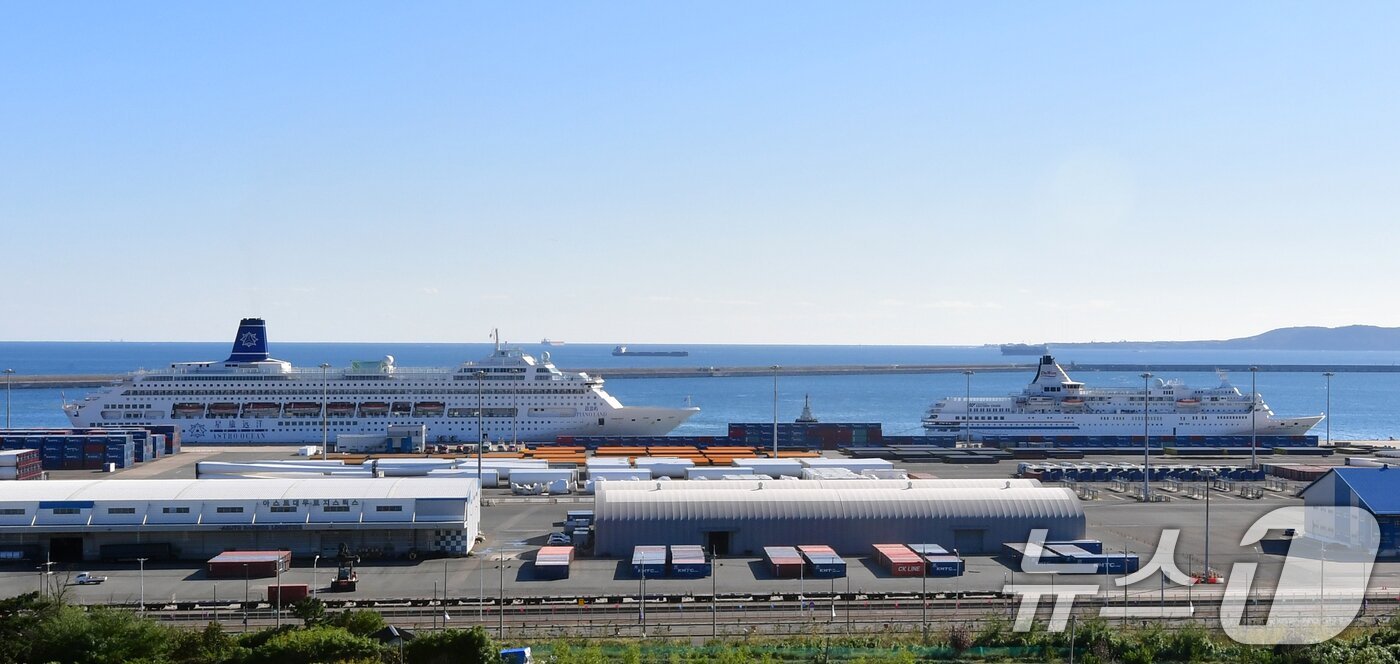 본문 이미지 - APEC 회의 기간 글로벌 CEO 들의 숙소로 사용할 &#39;피아노랜드호&#39;&#40;왼쪽&#41;와 &#39;이스턴 비너스호&#39;가 28일 경북 포항시 북구 영일만항에 입항 후 정박했다.2025.10.28/뉴스1 ⓒ News1 최창호 기자