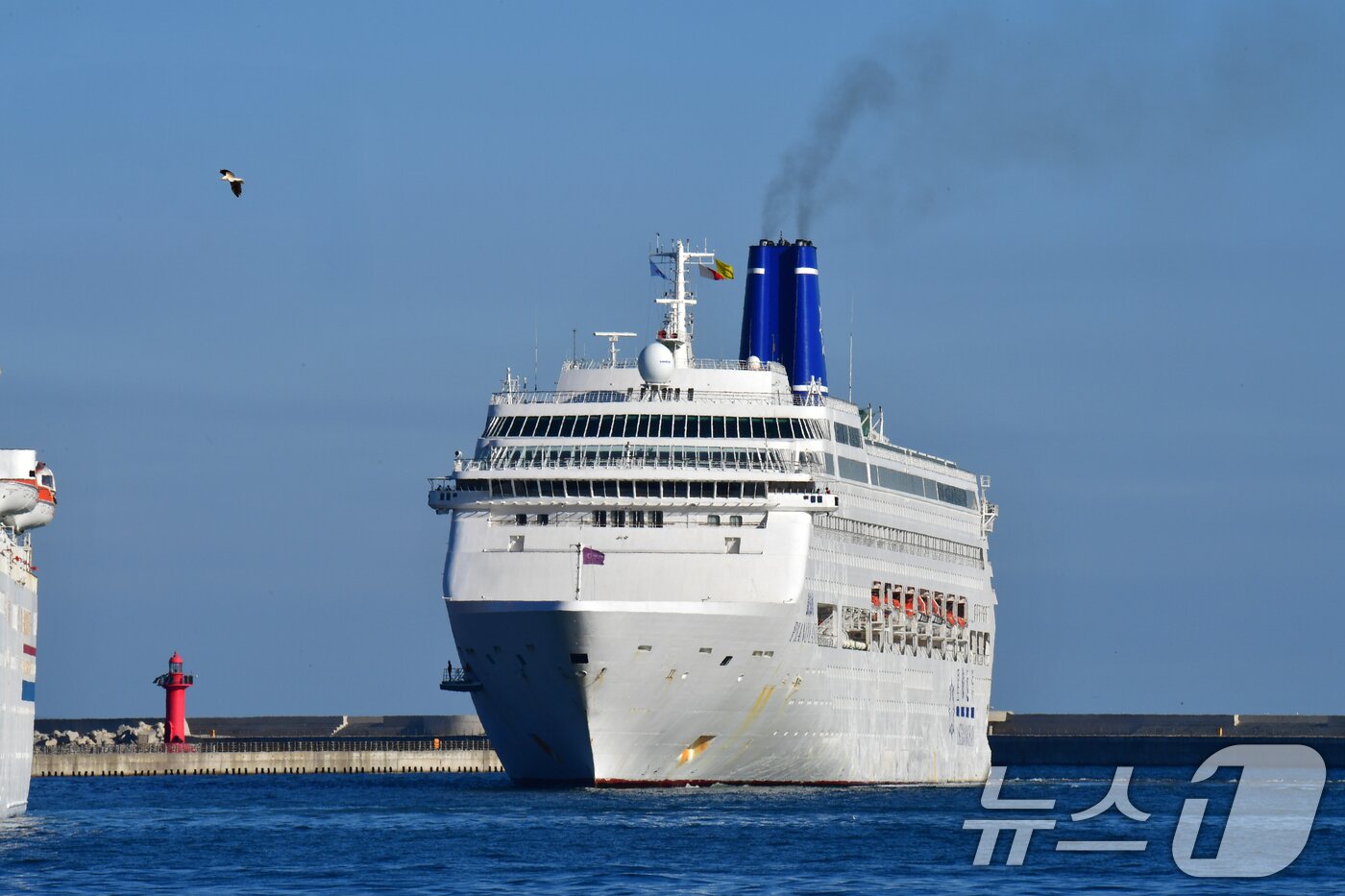 본문 이미지 - 28일 APEC 회의 기간 동안 글로벌 CEO 들의 숙소로 사용할 피아노랜드호&#40;왼쪽&#41;가 경북 포항시 북구 영일만항으로 들어오고 있다. 2025.10.28/뉴스1 ⓒ News1 최창호 기자