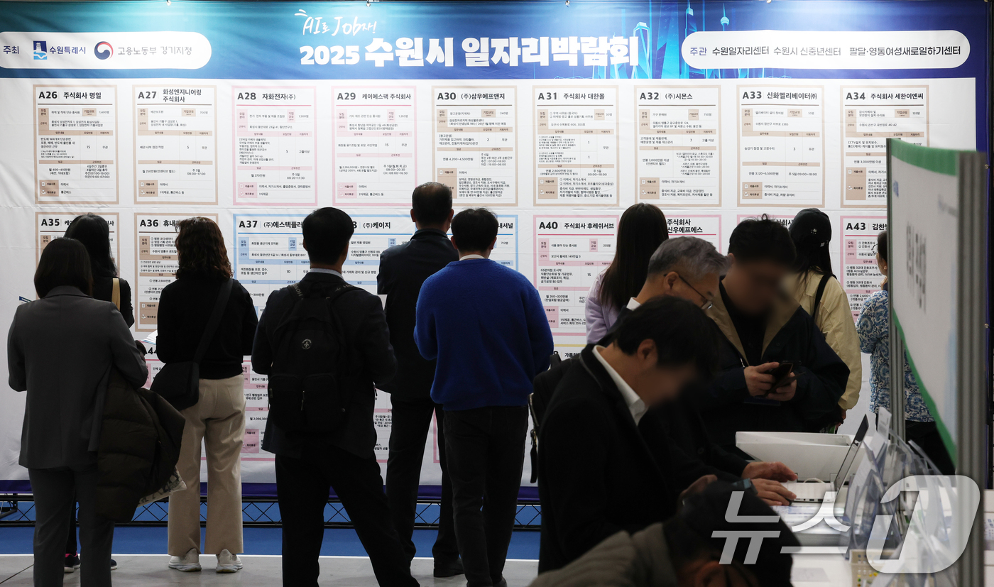 (수원=뉴스1) 김영운 기자 = 28일 경기 수원시 영통구 수원컨벤션센터에서 열린 'AI로 JOB자-2025 수원시 일자리박람회'에서 구직자들이 채용게시판을 보고 있다. 2025. …