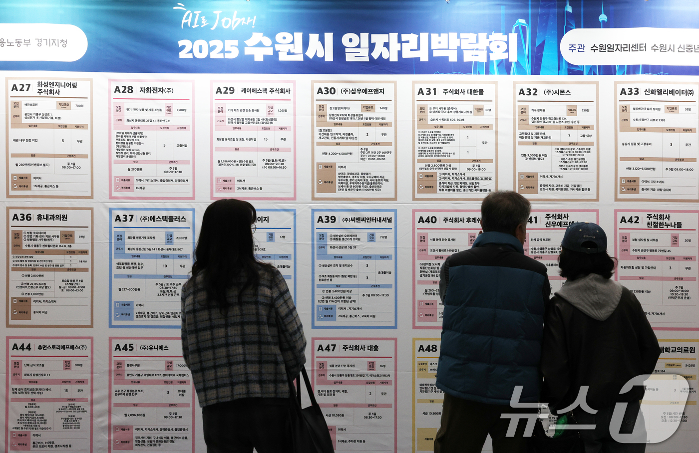(수원=뉴스1) 김영운 기자 = 28일 경기 수원시 영통구 수원컨벤션센터에서 열린 'AI로 JOB자-2025 수원시 일자리박람회'에서 구직자들이 채용게시판을 보고 있다. 2025. …