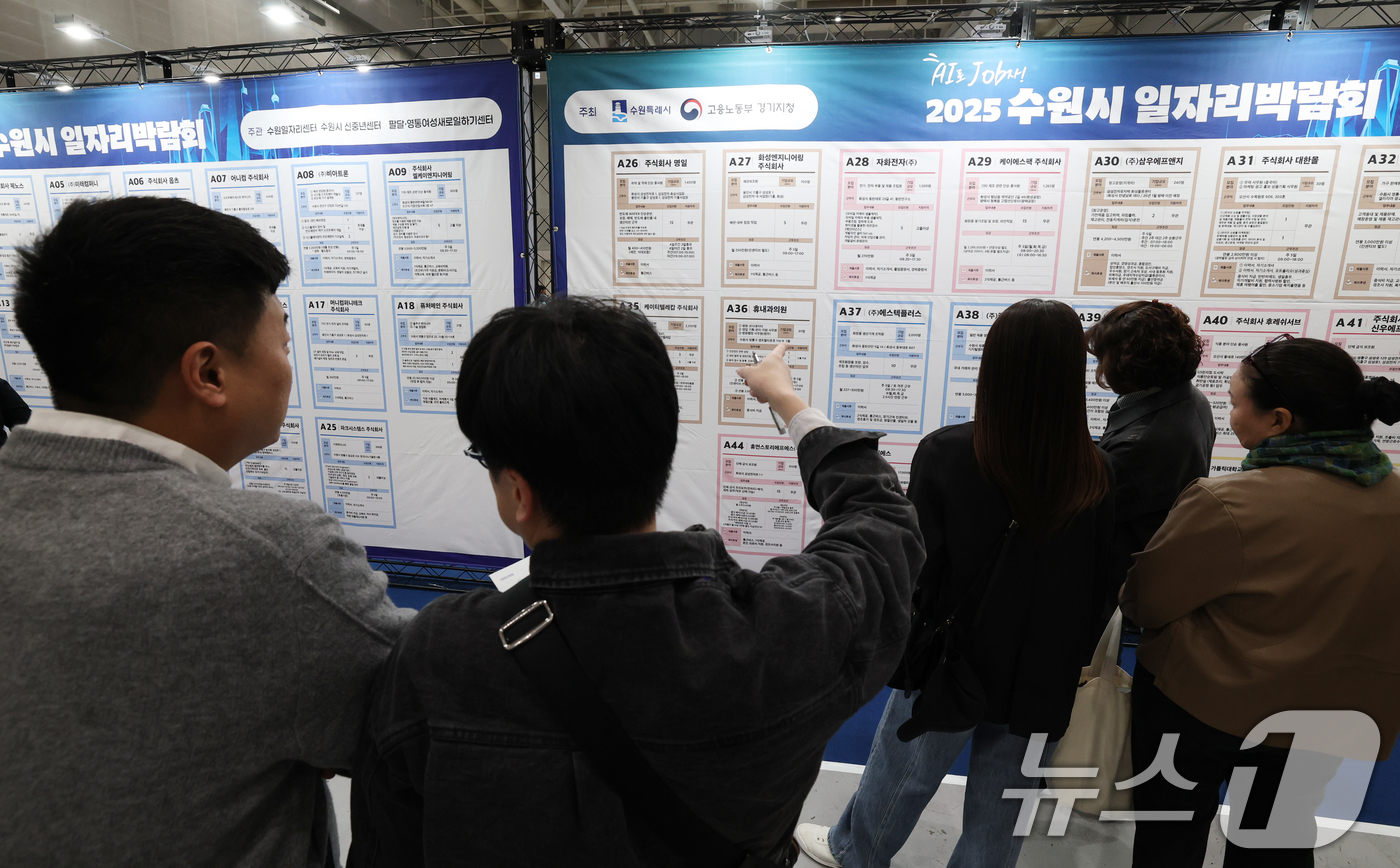 (수원=뉴스1) 김영운 기자 = 28일 경기 수원시 영통구 수원컨벤션센터에서 열린 'AI로 JOB자-2025 수원시 일자리박람회'에서 구직자들이 채용게시판을 보고 있다. 2025. …