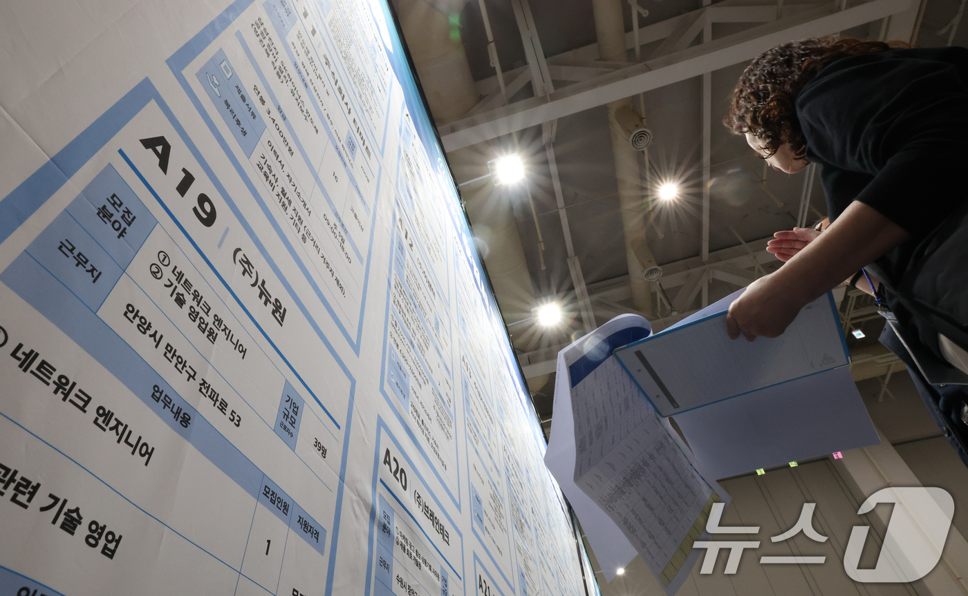 (수원=뉴스1) 김영운 기자 = 28일 경기 수원시 영통구 수원컨벤션센터에서 열린 'AI로 JOB자-2025 수원시 일자리박람회'에서 구직자들이 채용게시판을 보고 있다. 2025. …