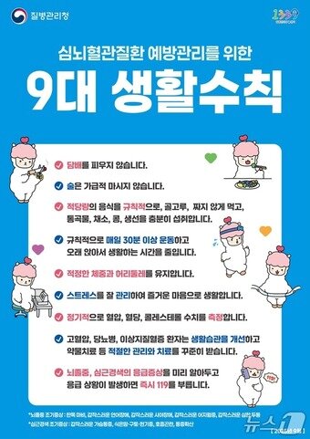 본문 이미지 - 질병관리청은 뇌졸중 등의 위험성과 대응요령에 관한 관심을 높이기 위해 &#39;심뇌혈관질환 예방관리를 위한 9대 수칙&#39;을 마련하고 이를 적극 홍보한다는 방침이다.&#40;질병관라청 제공&#41;