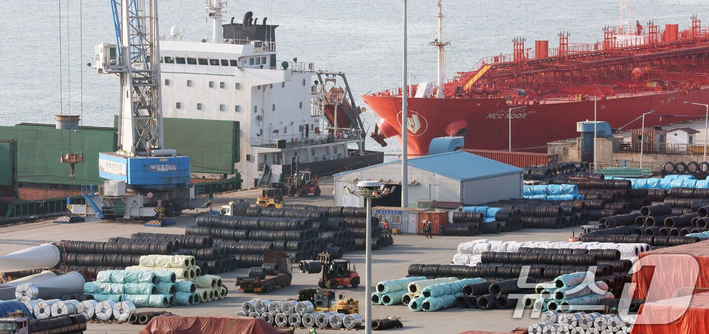 본문 이미지 - 경기 평택시 포승읍 평택항에 철강제품이 쌓여있는 모습. 2025.10.29/뉴스1 ⓒ News1 김영운 기자