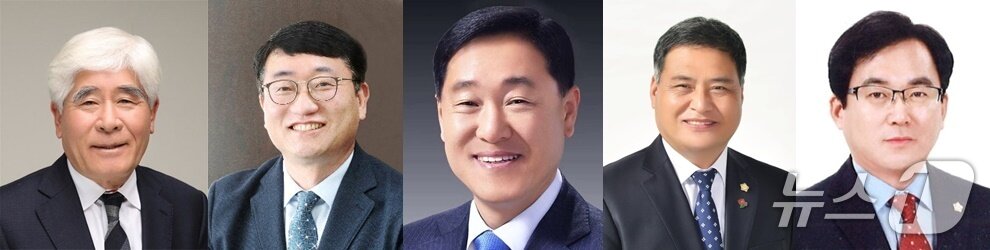 본문 이미지 - 제9회 전국동시지방선거 여수시장 선거 출마 후보군&#40;왼쪽부터  김순빈&#40;72&#41; 전 여수시의회 부의장, 명창환&#40;56&#41; 전남도 행정부지사, 강문성&#40;60&#41; 전남도의원, 주종섭&#40;60&#41; 도의원, 이상우 &#40;55&#41;조국혁신당 여수지역위원회 위원장&#41;