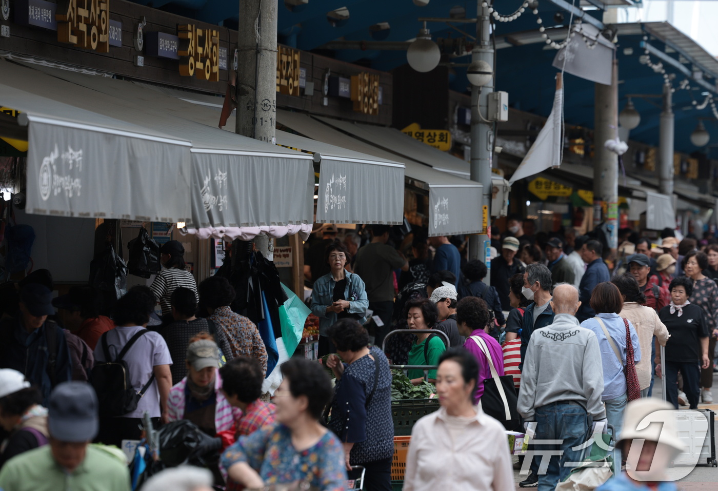 (서울=뉴스1) 권현진 기자 = 본격적인 추석 연휴가 시작된 3일 서울 동대문구 청량리 청과물시장을 찾은 많은 시민들이 제수용품을 둘러보고 있다. 2025.10.3/뉴스1