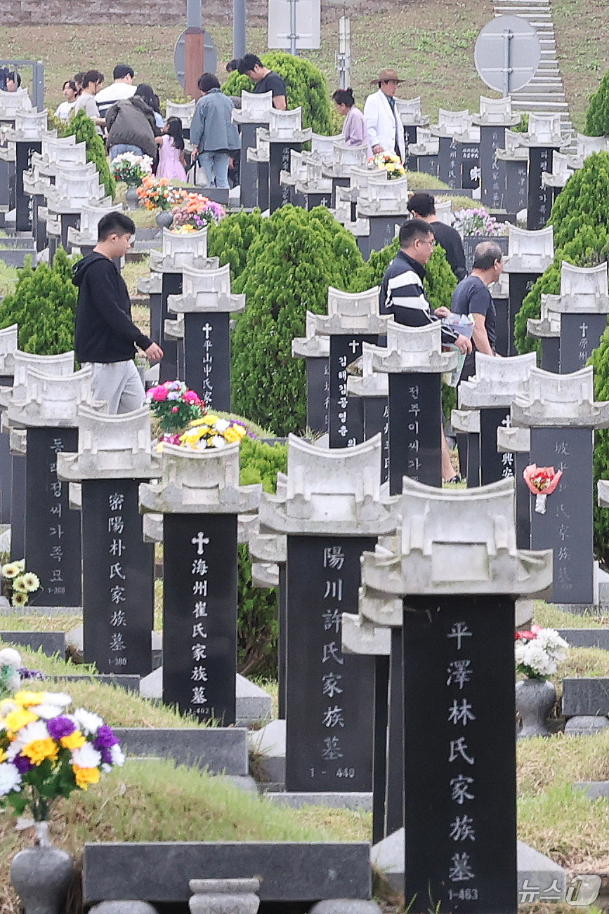 (인천=뉴스1) 이호윤 기자 = 본격적인 추석 연휴가 시작된 3일 인천 부평구 인천가족공원을 찾은 성묘객들이 차레 준비를 하고 있다. 2025.10.3/뉴스1