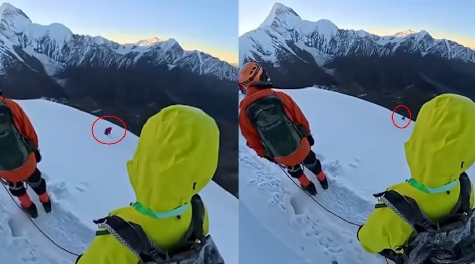 본문 이미지 - &#40;2025년 9월 25일 중국 쓰촨성에서 등산을 하던 한 등산객이 사진을 찍으려다 안전 로프를 풀려 추락하고 있다. 채널뉴스아시아 갈무리&#41;