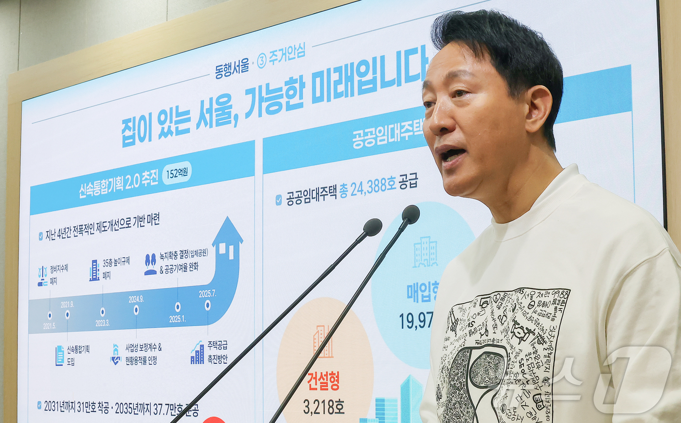 (서울=뉴스1) 김진환 기자 = 오세훈 서울시장이 30일 오전 서울 중구 서울시청 브리핑룸에서 2026년 서울특별시 예산안 기자설명회 중 서울시 부동산 대책에 대한 질문에 답변하고 …
