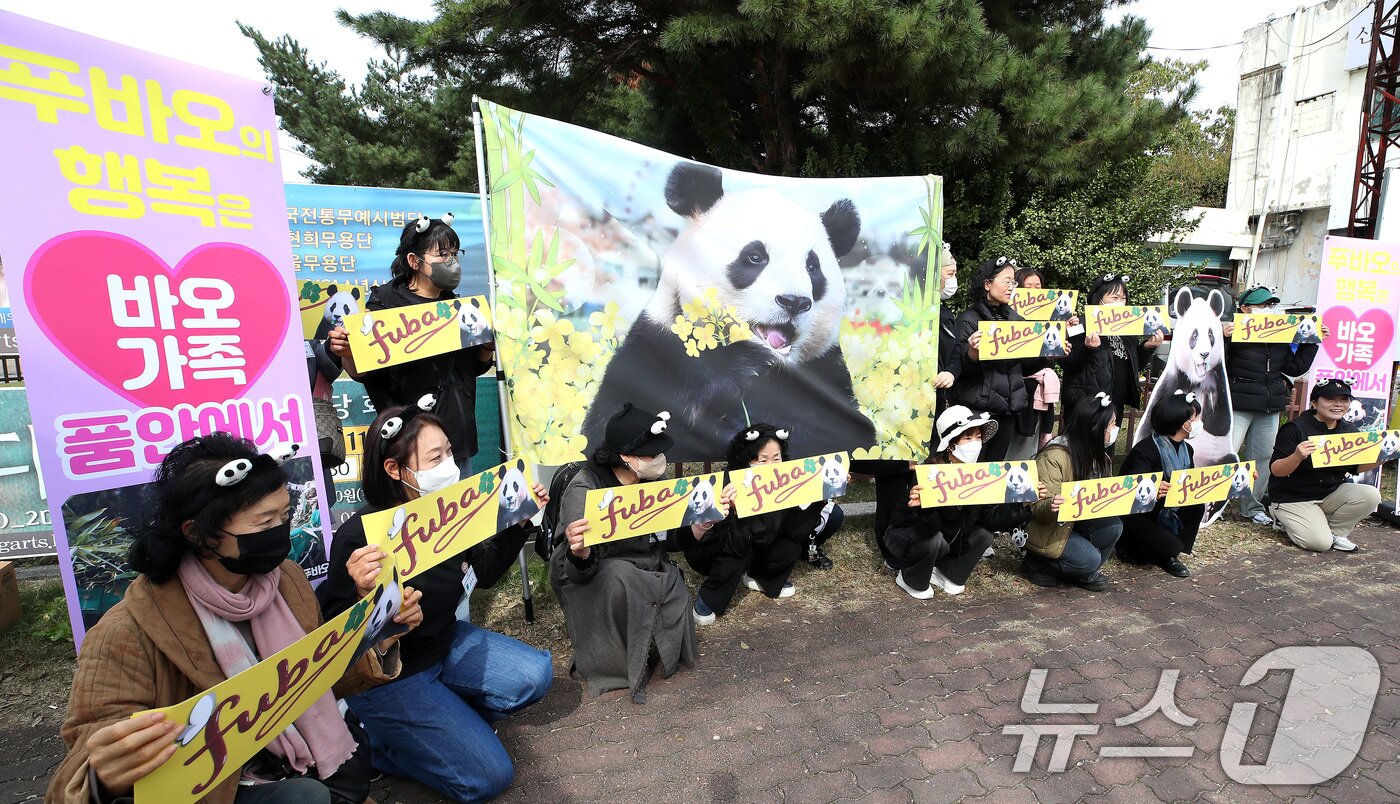 본문 이미지 - 우리나라에서 큰 인기를 끌었던 판다 &#39;푸바오&#39;를 사랑하는 인터넷 커뮤니티 &#39;푸바오구출대작전&#39; 회원들이 30일 오후 APEC 정상회의에 참석하는 중국 시진핑 주석의 경주 방문을 앞두고 경주시 황남동 내남네거리에서 푸바오의 사육 환경 개선을 요구하는 기자회견을 열고 있다. 2025.10.30/뉴스1 ⓒ News1 공정식 기자