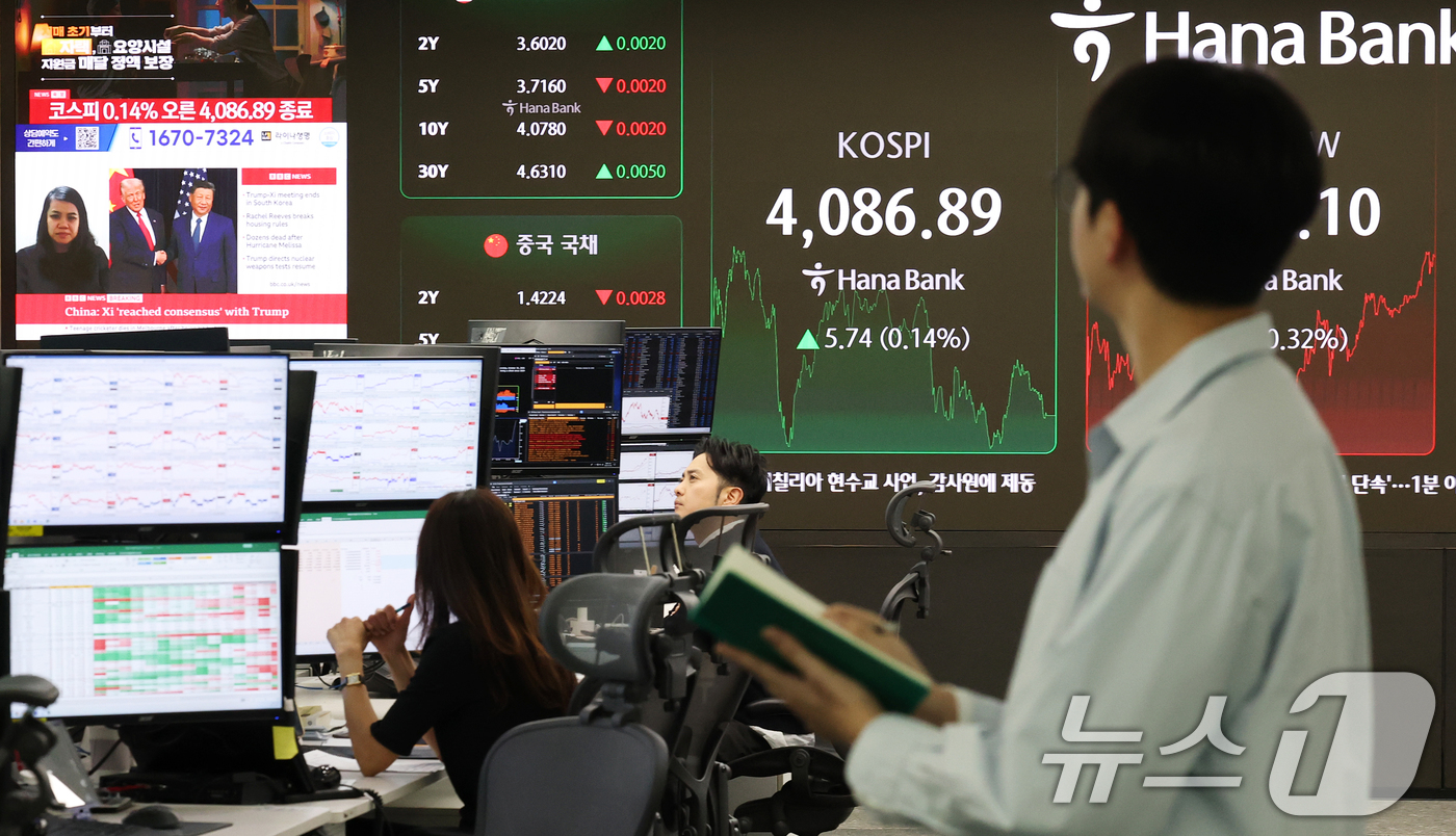 (서울=뉴스1) 오대일 기자 = 코스피가 장중 4100선을 돌파하는 등 사상 최고치를 경신한 30일 오후 서울 중구 하나은행 본점 딜링룸 전광판에 종가가 표시되고 있다.이날 코스피 …