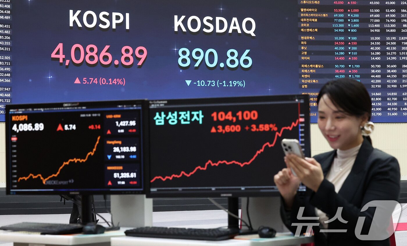 본문 이미지 - 코스피가 장중 4100선을 돌파하는 등 사상 최고치를 경신한 30일 서울 여의도 한국거래소 현황판에 종가가 표시되고 있다.  2025.10.30/뉴스1 ⓒ News1 김성진 기자