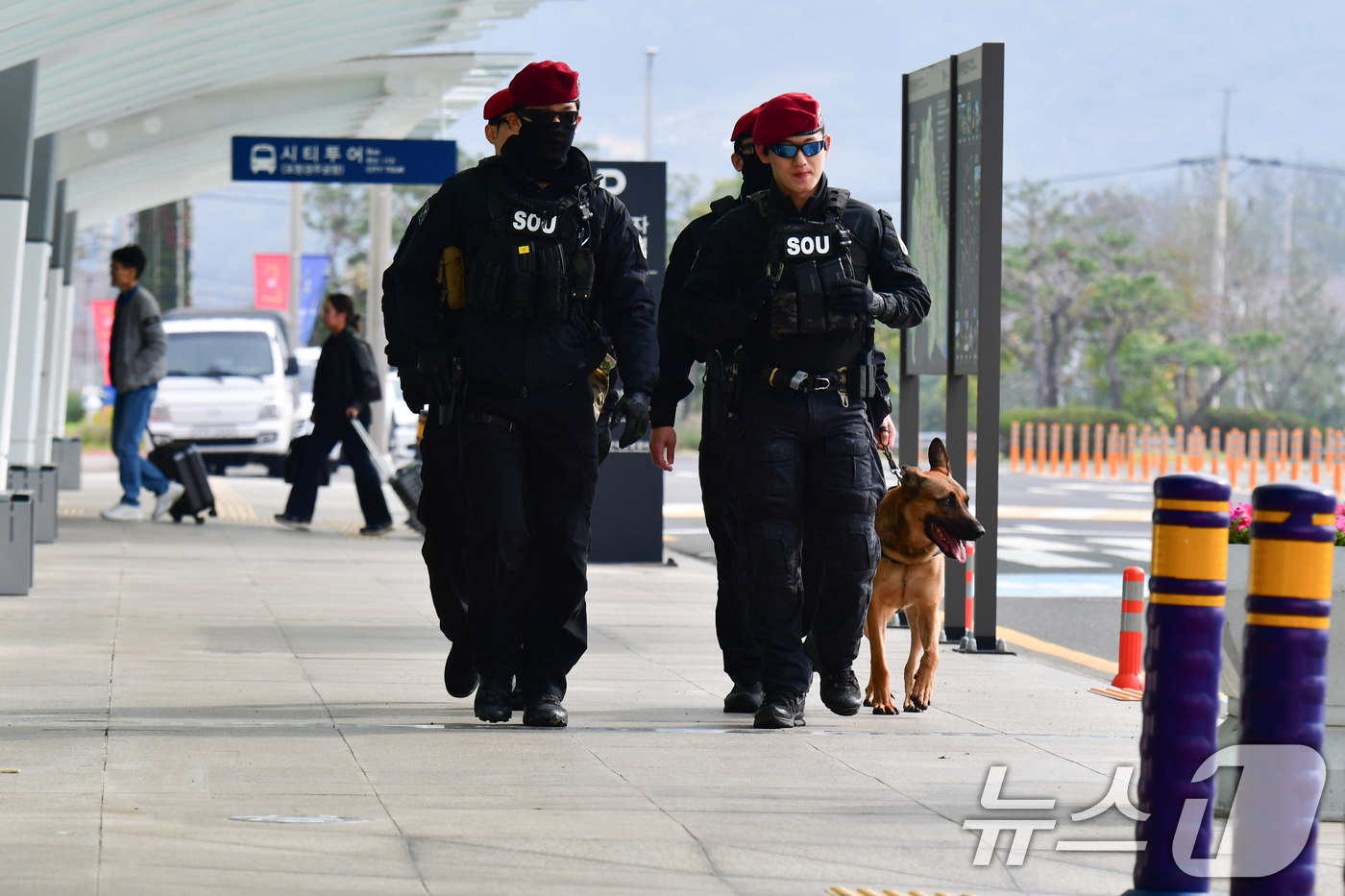 (포항=뉴스1) 최창호 기자 = 31일 아시아태평양경제협력체 (APEC) 글로벌 CEO 전용공항인 포항경주공항에서 경찰특공대가 주변 경계를 강화하고 있다. 2025.10.31/뉴스 …