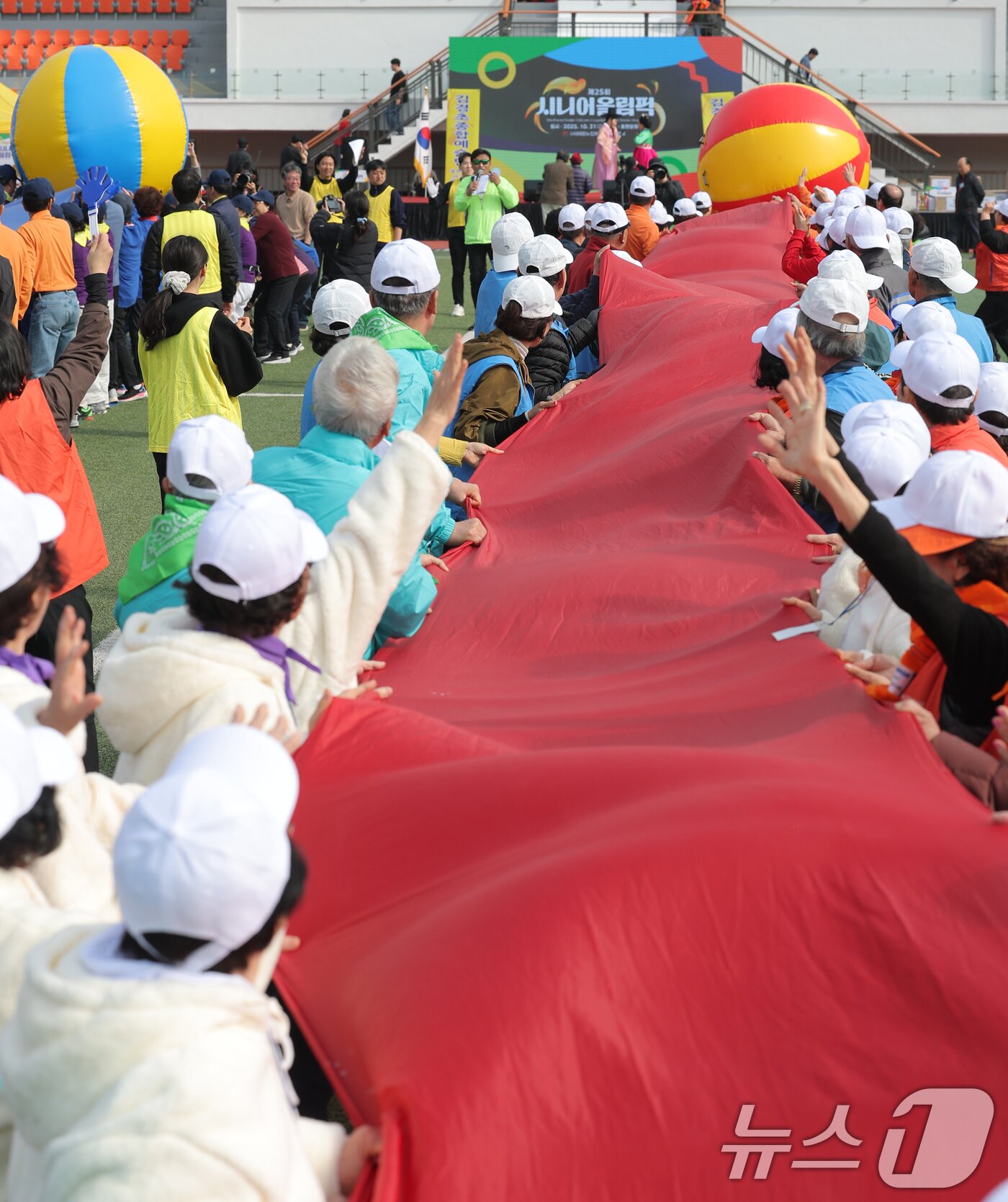 본문 이미지 - 31일 서울 용산구 효창운동장에서 열린 제25회 대한노인회 서울시연합회 &#39;시니어올림픽&#39;에서 어르신들이 공굴리기 게임을 하고 있다. ⓒ News1 권현진 기자