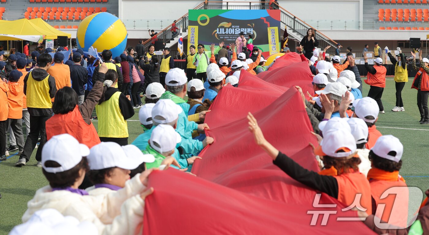 본문 이미지 - 31일 서울 용산구 효창운동장에서 열린 제25회 대한노인회 서울시연합회 &#39;시니어올림픽&#39;에서 어르신들이 게임을 하고 있다. ⓒ News1 권현진 기자