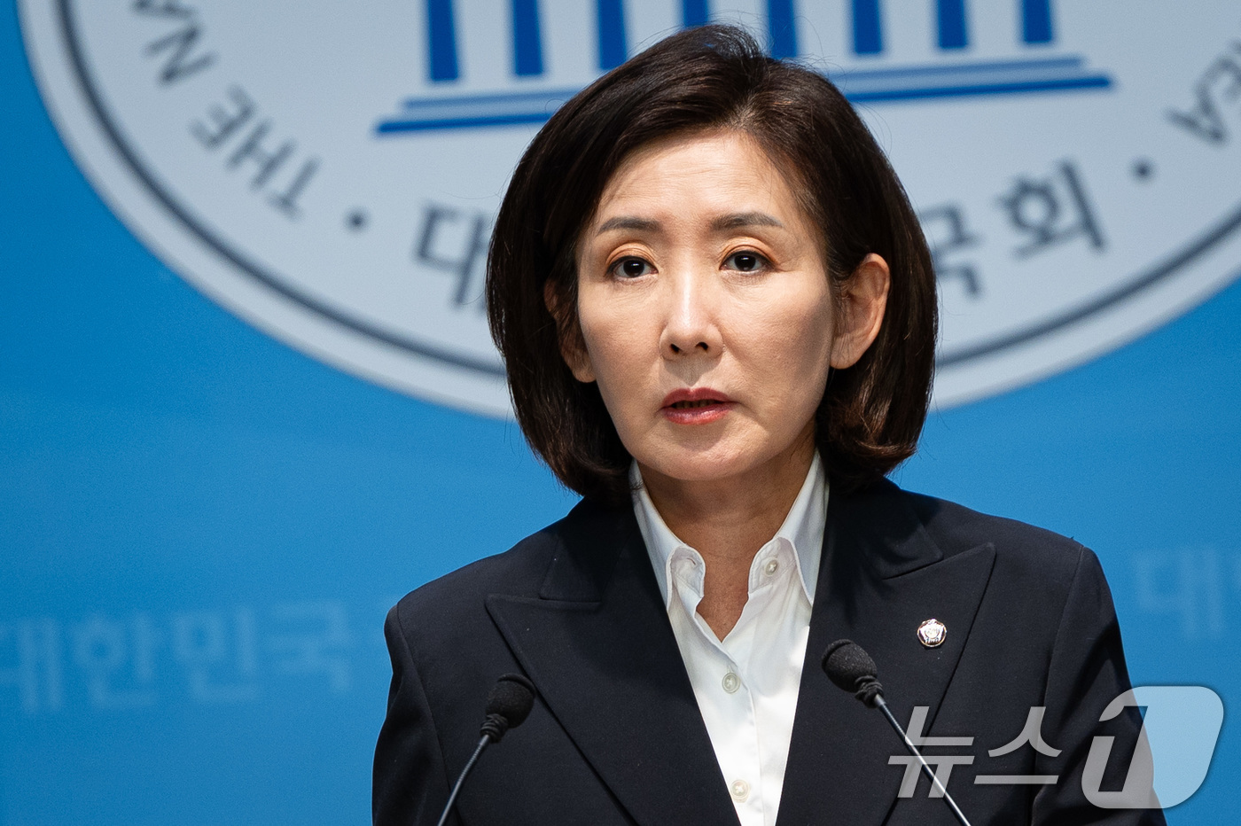 (서울=뉴스1) 유승관 기자 = 나경원 국민의힘 의원이 31일 서울 여의도 국회 소통관에서 법제사법위원회 국정감사 총평 기자회견을 하고 있다. 2025.10.31/뉴스1