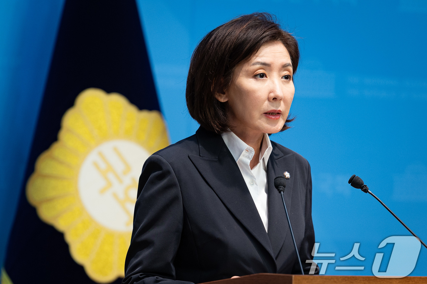 (서울=뉴스1) 유승관 기자 = 나경원 국민의힘 의원이 31일 서울 여의도 국회 소통관에서 법제사법위원회 국정감사 총평 기자회견을 하고 있다. 2025.10.31/뉴스1