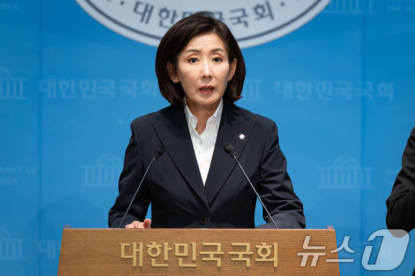 (서울=뉴스1) 유승관 기자 = 나경원 국민의힘 의원이 31일 서울 여의도 국회 소통관에서 법제사법위원회 국정감사 총평 기자회견을 하고 있다. 2025.10.31/뉴스1