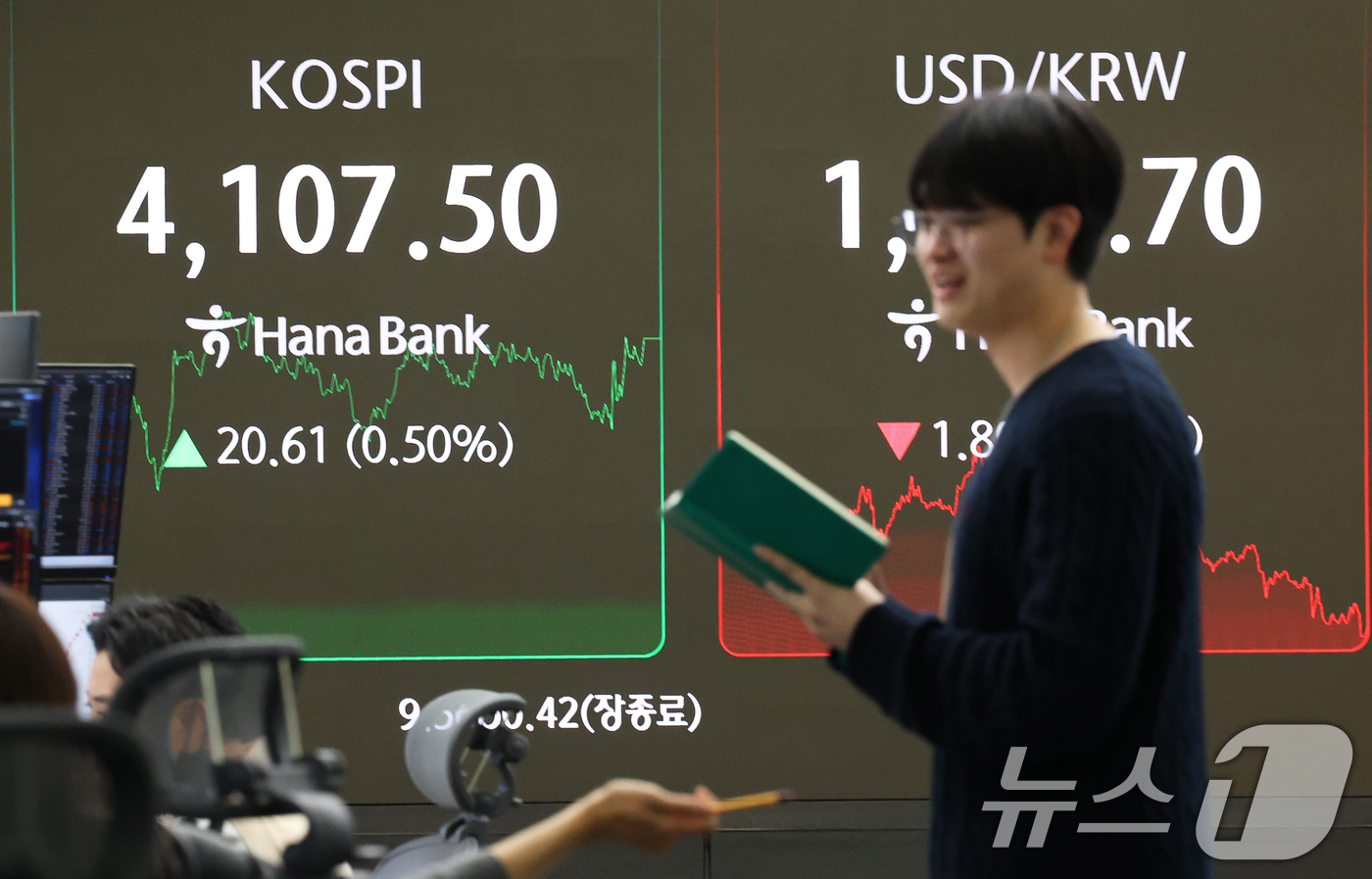 (서울=뉴스1) 오대일 기자 = 코스피가 종가 기준 사상 최고치를 찍은 31일 오후 서울 중구 하나은행 본점 딜링룸 전광판에 종가가 표시되고 있다.이날 코스피는 전 거래일 대비 2 …