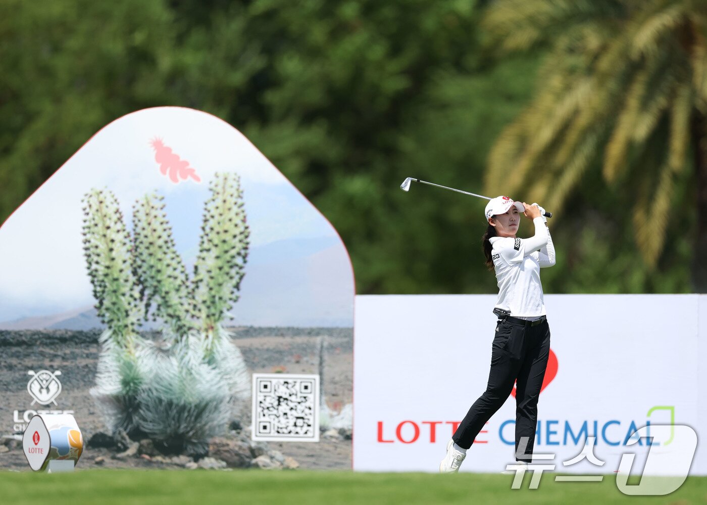 본문 이미지 - 황유민이 4일&#40;한국시간&#41; 하와이 오하우섬 에바비치에 위치한 호아칼레이CC에서 열린 &#39;2025 롯데 챔피언십&#39; 3라운드 4번 홀에서 티샷을 하고 있다. &#40;대홍기획 제공. 재판매 및 DB 금지&#41; 2025.10.4/뉴스1