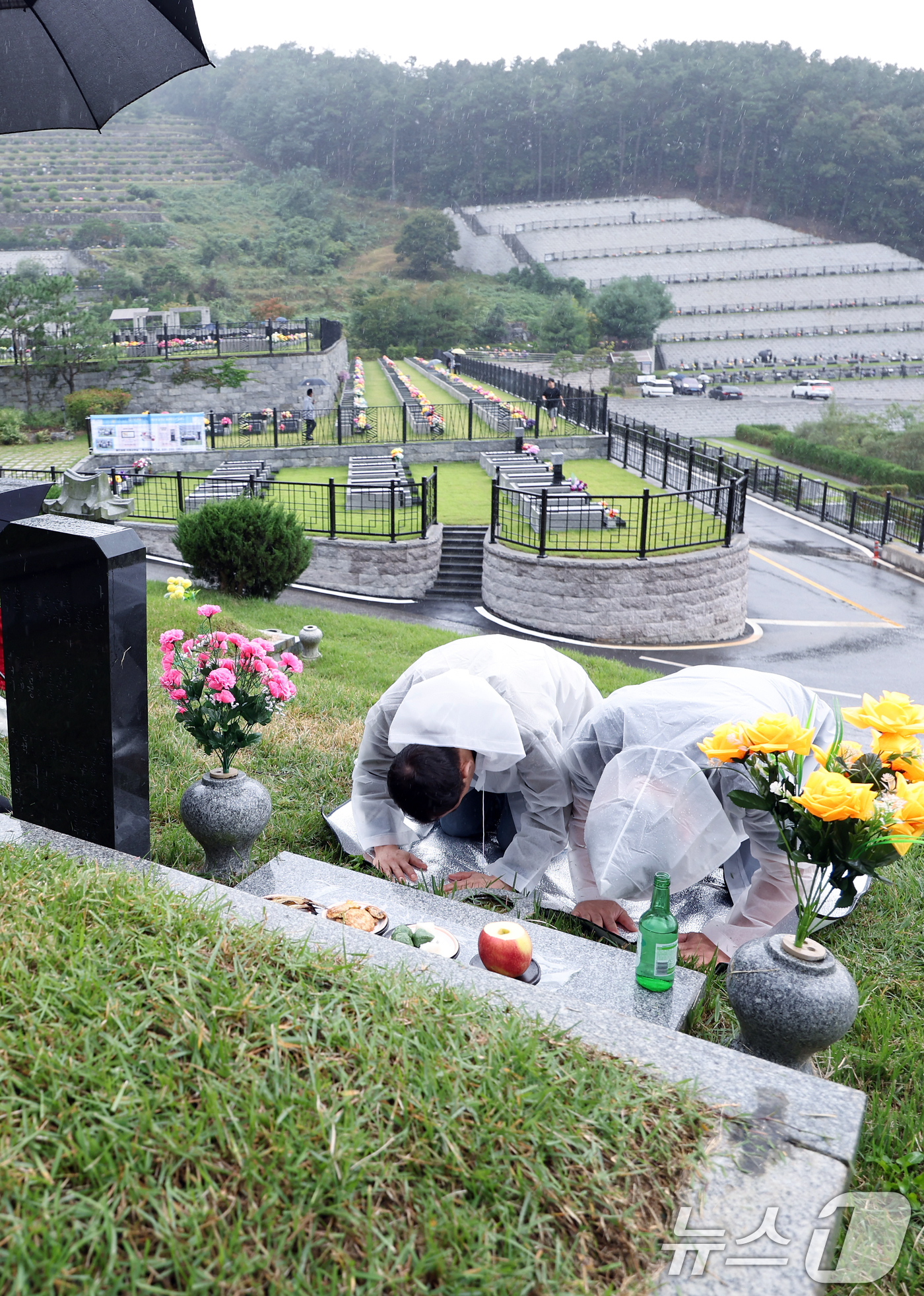 (용인=뉴스1) 박정호 기자 = 추석 명절 연휴인 5일 경기도 용인시 처인구 모현읍 용인공원을 찾은 성묘객들이 차례를 지내고 있다.  2025.10.5/뉴스1