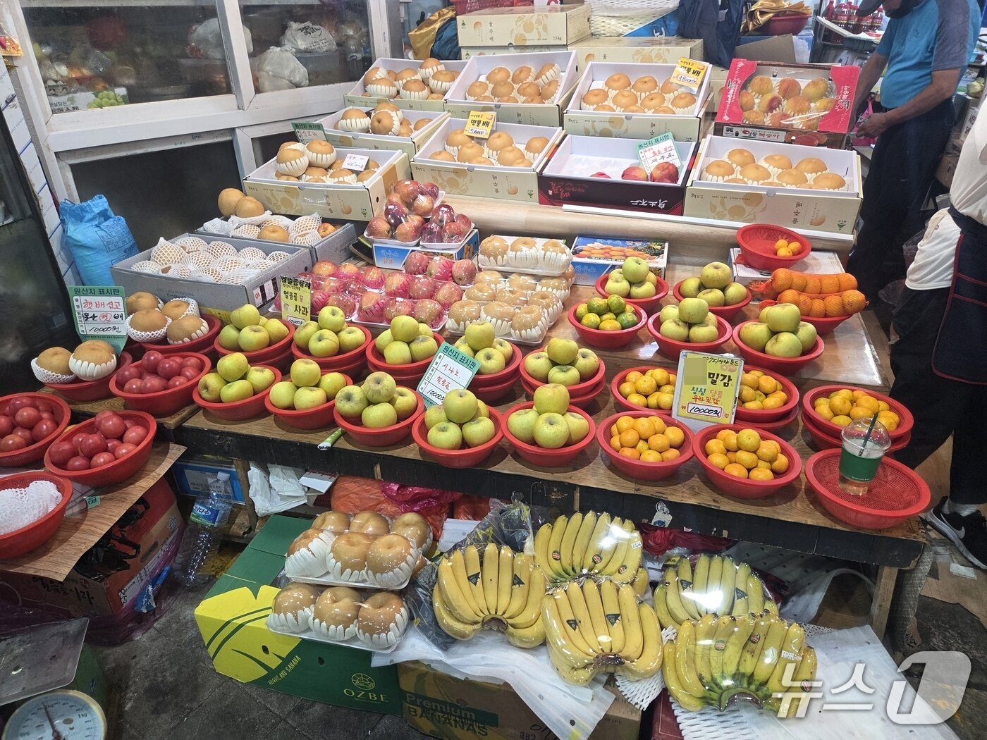 본문 이미지 - 5일 오후 부산 해운대구 좌동 재래시장 내 과일 가게에서 사과 등이 진열 돼 있다. 2025.10.5/뉴스1 김태형기자