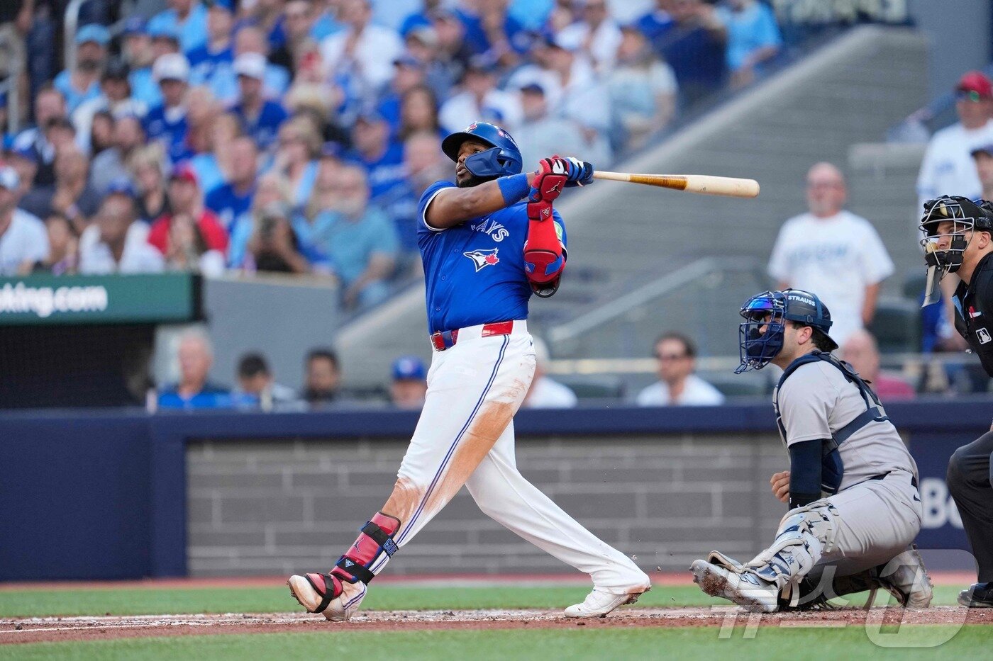본문 이미지 - 토론토 블루제이스 블라디미르 게레로 주니어가 6일&#40;한국시간&#41; 열린 뉴욕 양키스와 2025 MLB 아메리칸리그 디비전시리즈 2차전에서 4회말 만루 홈런을 터뜨렸다. ⓒ AFP=뉴스1