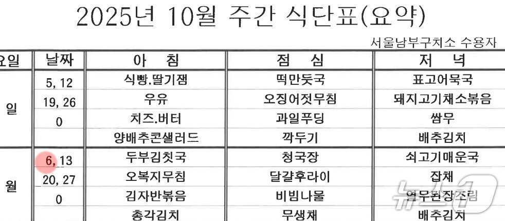 본문 이미지 - 윤석열 전 대통령의 부인 김건희 여사가 수감된 서울남부구치소는 추석 아침으로 두부김칫국 등 한식을 제공했다. 윤 전 대통령이 수감된 서울구치소 추석 아침은 미니치즈빵 등 퓨전 간편식이 차려졌다. &#40;법무부 홈페이지 갈무리&#41; ⓒ 뉴스1