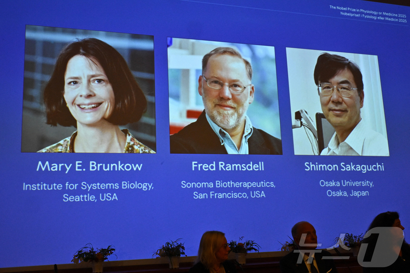 (스톡홀름 로이터=뉴스1) 이지예 객원기자 = 2025년 노벨 생리의학상을 수상한 미국 시스템생물학연구소의 메리 브런코(왼쪽부터), 미국 소노마 바이오테라퓨틱스의 프레드 램스델, …