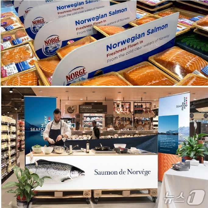 본문 이미지 - 노르웨이 수산물 브랜딩. 교체 전 로고인 NORGE 로고&#40;위쪽&#41;, 아래는 Seafood from Norway 홍보 전시관&#40;출처:shutterstock&#41;