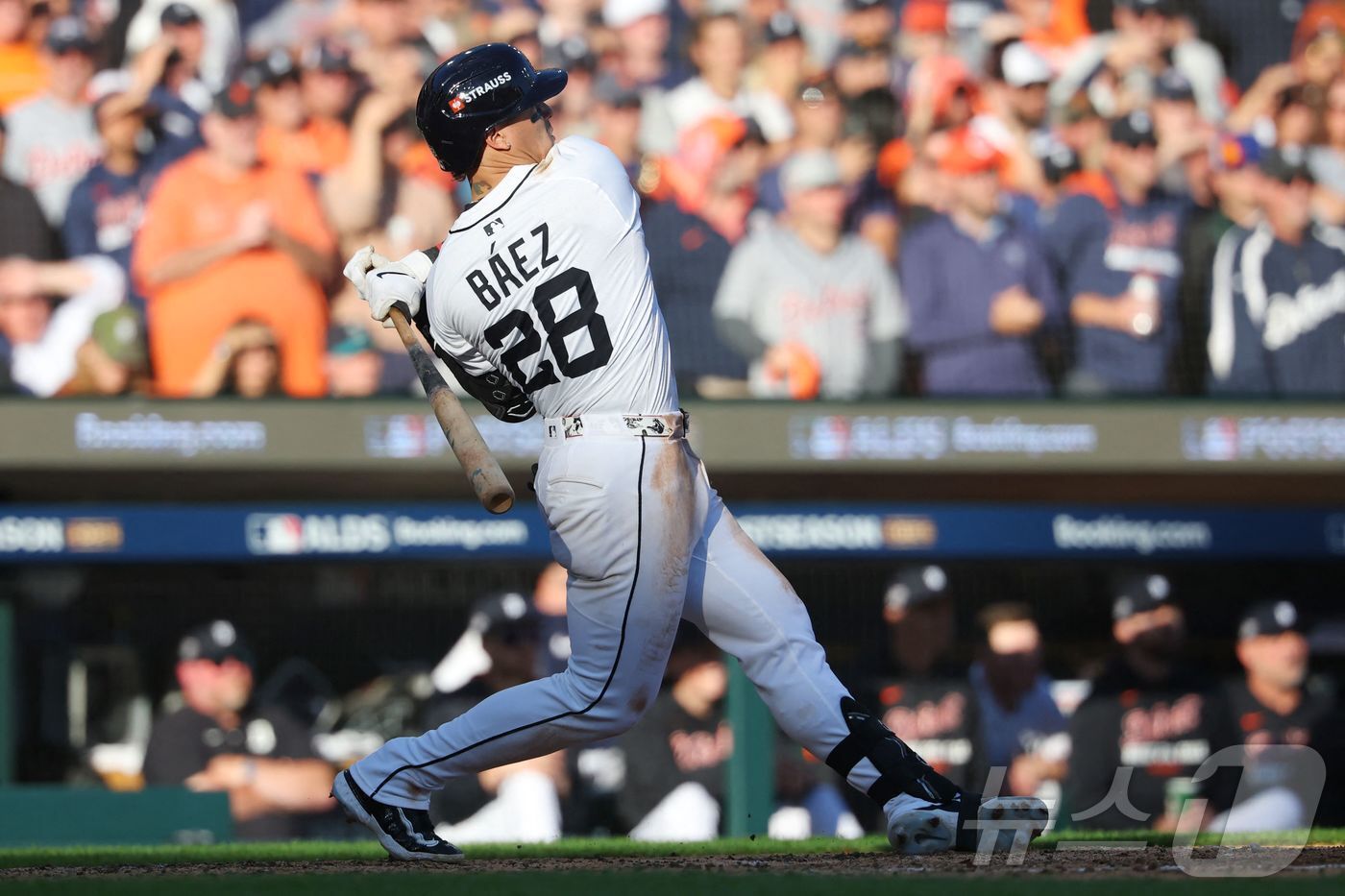 본문 이미지 - 디트로이트 타이거스 유격수 하비에르 바에스가 9일(한국시간) 열린 시애틀 매리너스와 2025 MLB 아메리칸리그 디비전시리즈 4차전에서 4타수 2안타(1홈런) 4타점으로 활약했다. ⓒ AFP=뉴스1