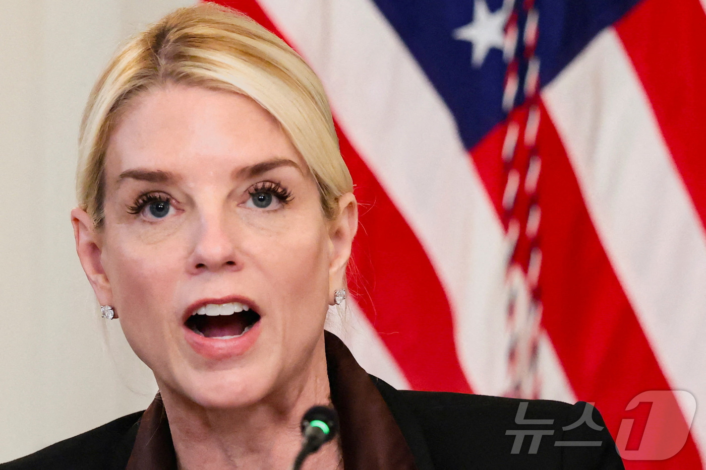 (워싱턴DC 로이터=뉴스1) 류정민 특파원 = 팸 본디 미국 법무부 장관이 8일(현지시간) 워싱턴DC 백악관에서 열린 반파시스트 운동 안티파(Antifa) 관련 회의에서 발언하고 …