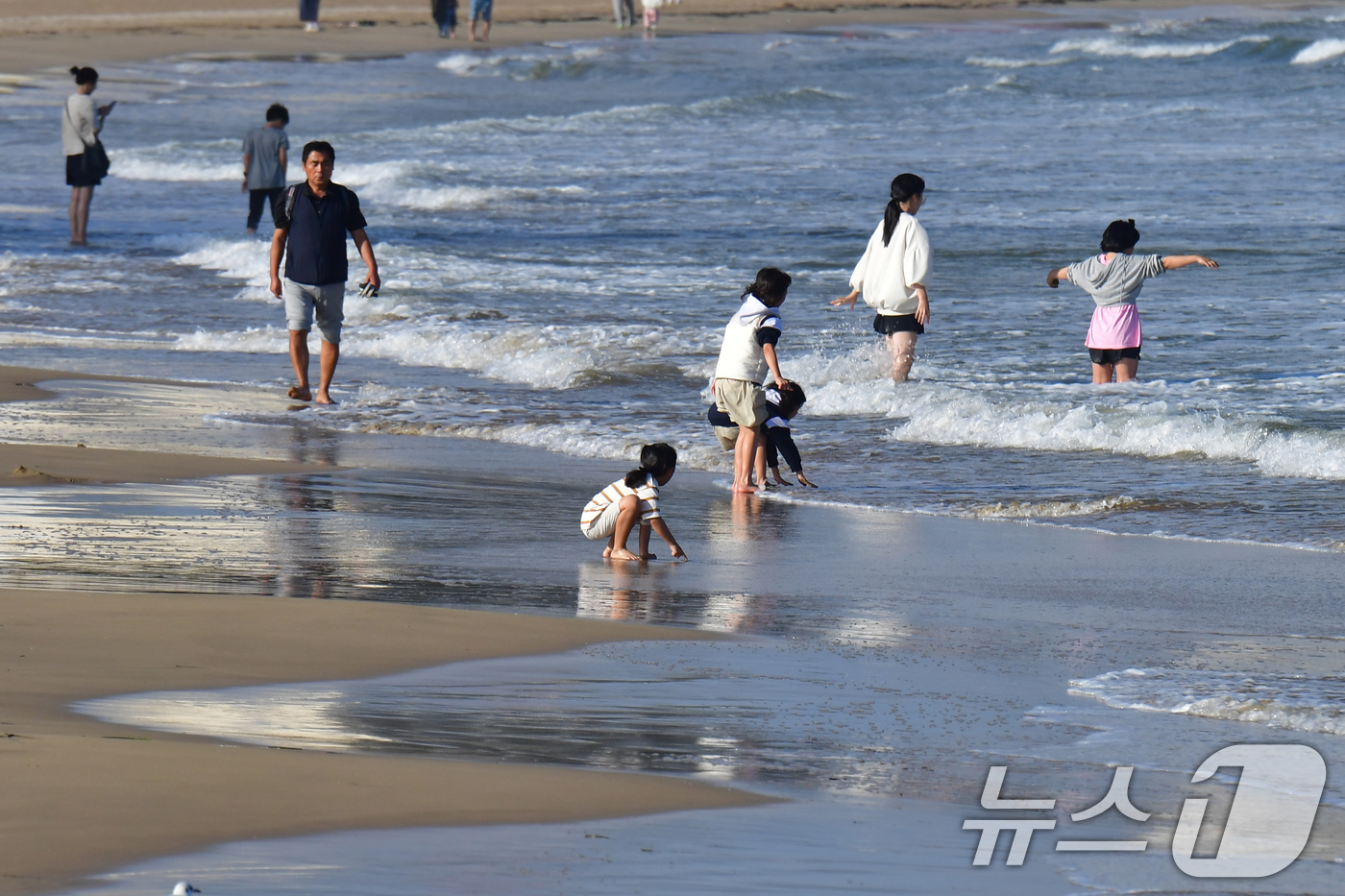 (포항=뉴스1) 최창호 기자 = 9일 오후 경북 포항시 북구 영일대해수욕장에서 관광객들이 물놀이를 즐기고 있다.   2025.10.9/뉴스1