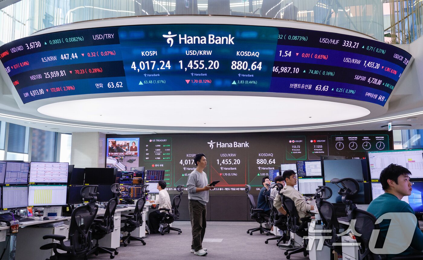 본문 이미지 - 10일 오전 서울 중구 하나은행 본점 딜링룸 전광판에 코스피, 코스닥 지수와 달러·원 환율이 나오고 있다. 이날 코스피는 38.11포인트&#40;0.96%&#41; 오른 3991.87로 출발했다. 2025.11.10/뉴스1 ⓒ News1 안은나 기자