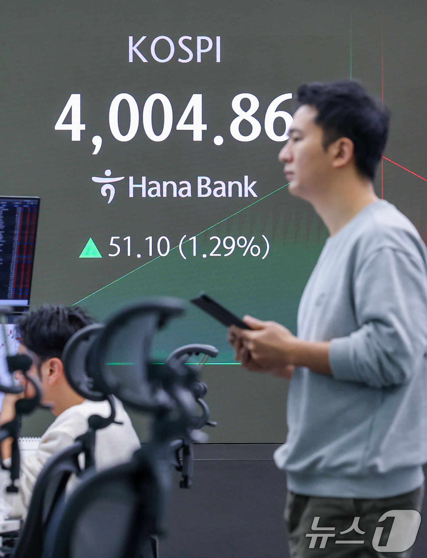 (서울=뉴스1) 안은나 기자 = 10일 오전 서울 중구 하나은행 본점 딜링룸 전광판에 코스피, 코스닥 지수와 달러·원 환율이 나오고 있다. 이날 코스피는 38.11포인트(0.96% …