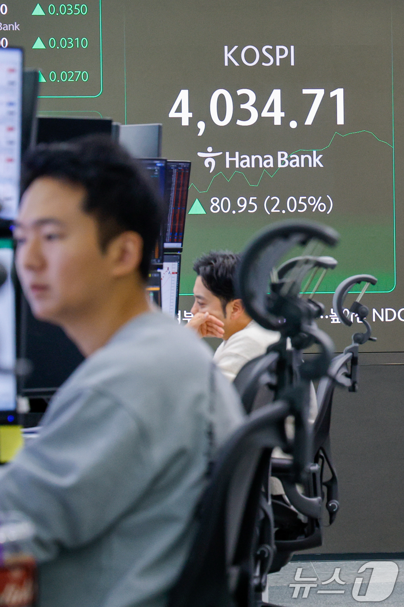 (서울=뉴스1) 안은나 기자 = 10일 오전 서울 중구 하나은행 본점 딜링룸 전광판에 코스피, 코스닥 지수와 달러·원 환율이 나오고 있다. 이날 코스피는 38.11포인트(0.96% …