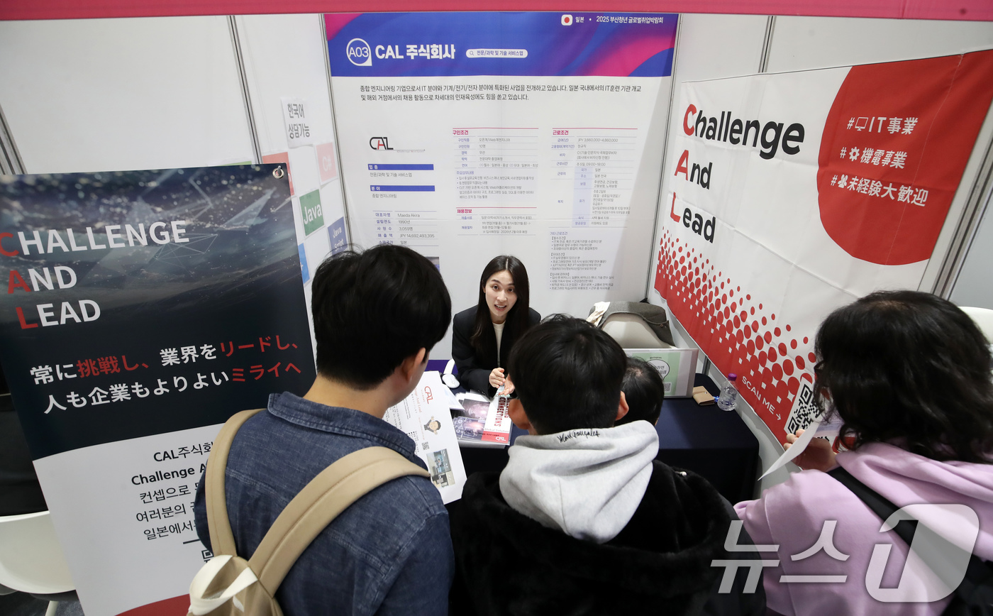 (부산=뉴스1) 윤일지 기자 = 10일 부산 연제구 부산시청에서 열린 '2025 부산청년 글로벌 취업박람회'에서 구직자들이 면접을 보고 있다.이번 박람회엔 미국, 일본, 호주, 독 …