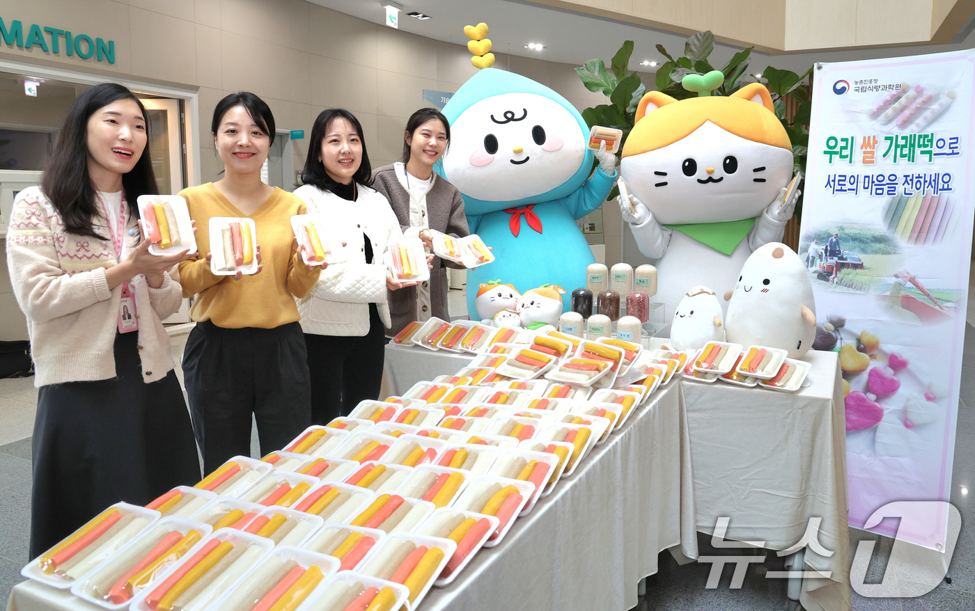 (완주=뉴스1) 유경석 기자 = 농촌진흥청 국립식량과학원 직원들이 10일 전북 완주군 농진청 국립식량과학원에서 농업인의 날 기념 우리쌀 소비 촉진 가래떡 나눔 행사를 하고 있다. …