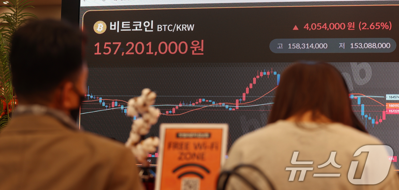(서울=뉴스1) 김명섭 기자 = 10일 오후 서울 서초구 빗썸 라운지 전광판에 비트코인 가격이 1억5천7백만원대를 나타내며 상승세를 보이고 있다.  2025.11.10/뉴스1