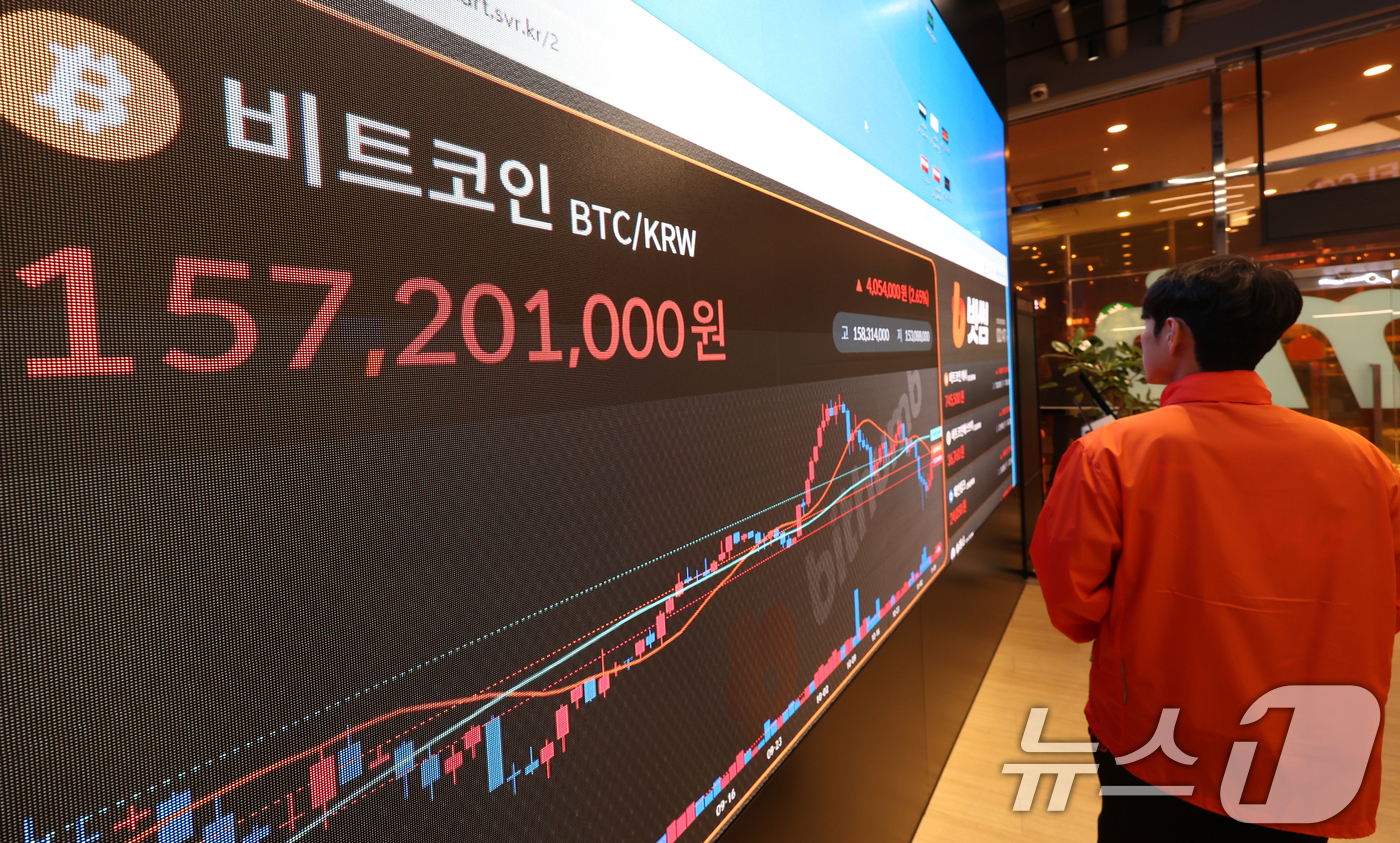 (서울=뉴스1) 김명섭 기자 = 10일 오후 서울 서초구 빗썸 라운지 전광판에 비트코인 가격이 1억5천7백만원대를 나타내며 상승세를 보이고 있다.  2025.11.10/뉴스1