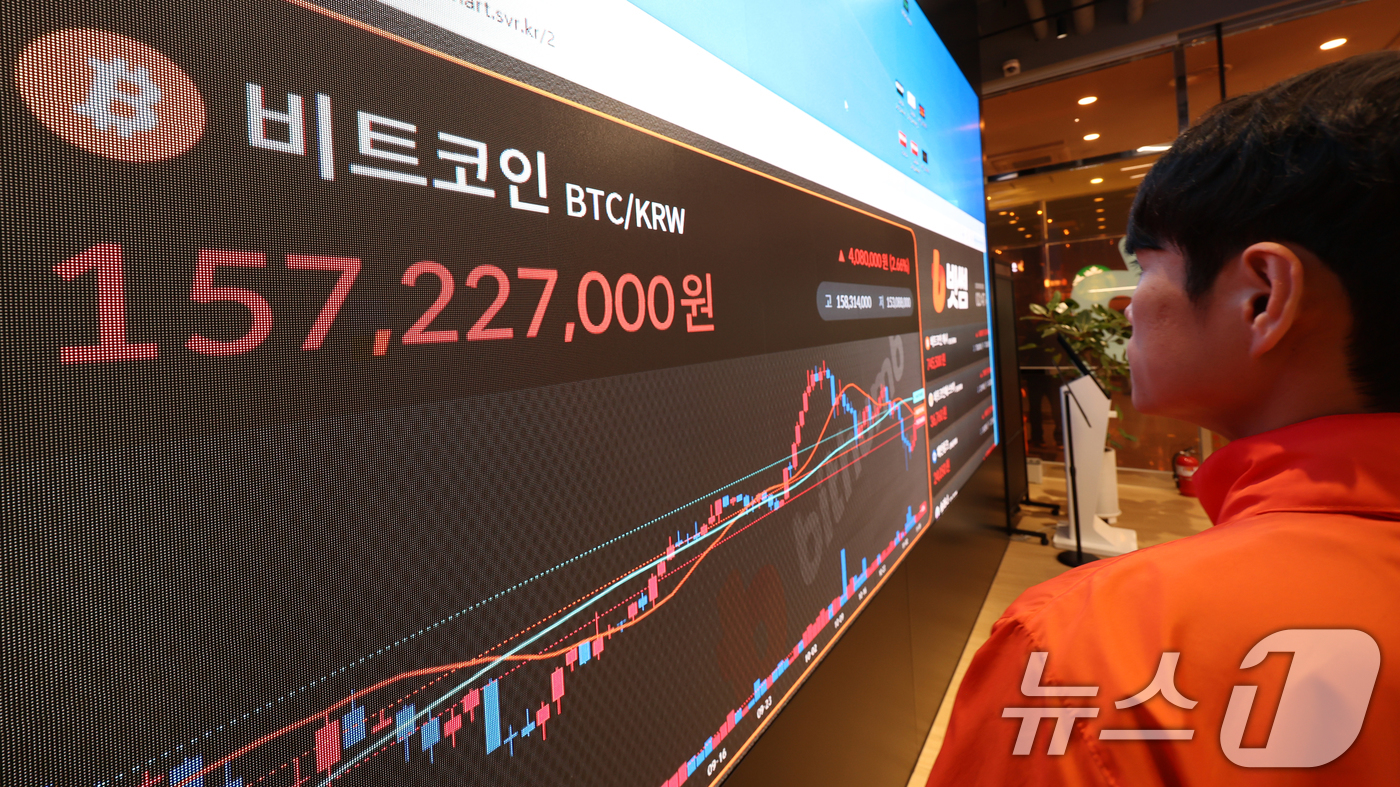 (서울=뉴스1) 김명섭 기자 = 10일 오후 서울 서초구 빗썸 라운지 전광판에 비트코인 가격이 1억5천7백만원대를 나타내며 상승세를 보이고 있다.  2025.11.10/뉴스1