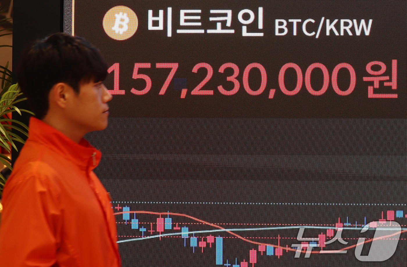 (서울=뉴스1) 김명섭 기자 = 10일 오후 서울 서초구 빗썸 라운지 전광판에 비트코인 가격이 1억5천7백만원대를 나타내며 상승세를 보이고 있다. 2025.11.10/뉴스1